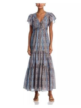 349$ Paige Kinga Slate Tiered Maxi Dress Short Flutter Sleeves Size 2 Blue Multi